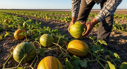 Medium shot of mature melons being harvested from salt tolerant hybrid varieties highlighting fruit size and quality in challenging environments.