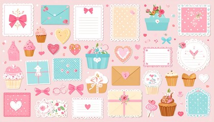 Adorable Pastel Love  Sweetness Collection - Envelopes, Hearts, Cupcakes, Bows.