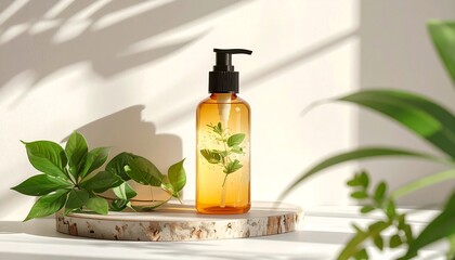 Amber bottle with herbs, sunlit