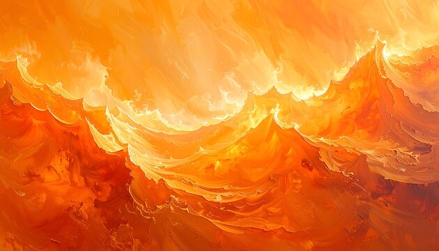 A vibrant abstract artwork depicting swirling, fiery clouds in shades of orange, yellow, and hints of brown, creating a dynamic and ethereal atmosphere