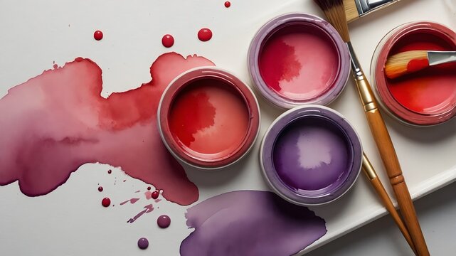 Botes de acuarela en tonos rojos y morados con pinceles sobre superficie blanca y manchas de pintura art&iacute;stica
