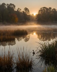 Fototapeta premium Amanecer sobre un lago con niebla y silueta de ave acuática entre juncos en un paisaje otoñal sereno