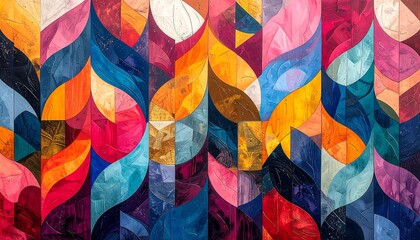 A vibrant abstract artwork featuring a colorful mosaic of teardrop shapes with varied textures and tones, creating an organic flow