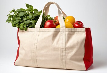 Grocery Bag of Freshness: A reusable shopping bag overflows with a vibrant assortment of fresh produce, symbolizing healthy eating and sustainable living.  Ai generated image