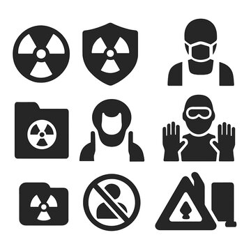 Radiation Safety Icons. Solid style icons of scan hazards and protections: radiation warning icon, scan safety shield, protective