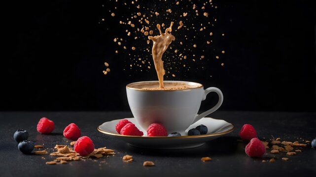 Taza de caf&eacute; con salpicadura art&iacute;stica acompa&ntilde;ada de frambuesas, ar&aacute;ndanos y almendras sobre fondo oscuro