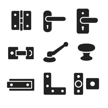 Hardware Icons Collection. Solid style icons of hardware and fittings: hinge, door handle, lockset, latch, window crank, cabinet
