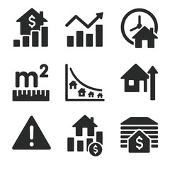 Fototapeta premium Real Estate Icons. Solid style icons of real estate market indicators: home price chart, market trend line, average days on market