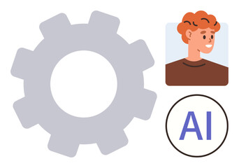 Large gear, smiling person profile, and bold AI text box expressing collaboration, AI integration, teamwork, innovation, technology, digital transformation, and creativity as a simple flat metaphor