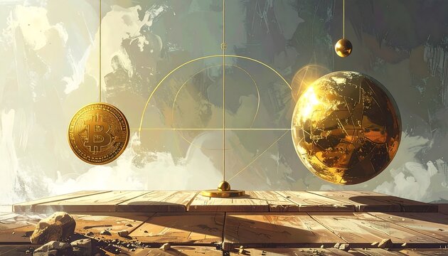 Golden celestial objects balanced on a wooden platform