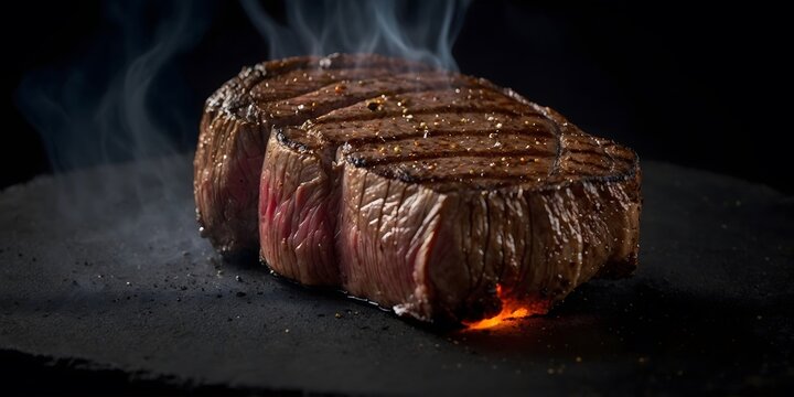 Filete de carne premium a la parrilla con marcas de asado y humo sobre fondo oscuro elegante