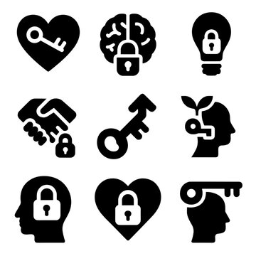 Lock and Key Icons. Solid style icons of lock and key metaphors: heart with key, brain with padlock, locked idea icon, trust lock
