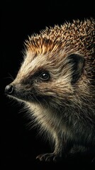 Close-up of a hedgehog with detailed quills and expressive eyes against a dark background