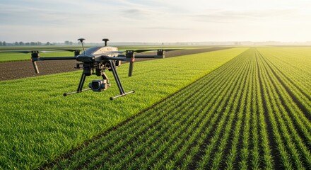 Medium shot of a drone flying low over green crop fields capturing detailed aerial data for precision agriculture and crop health monitoring.