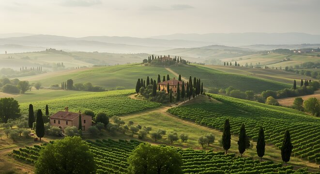 Rolling hills and vineyard landscape with farm buildings at sunrise
