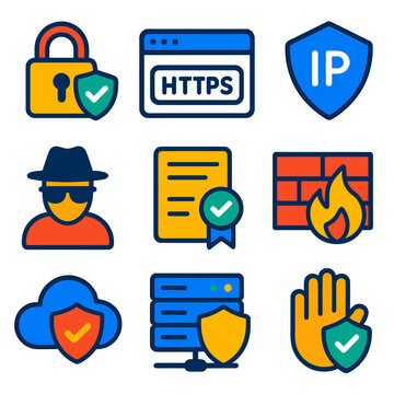 Internet Security Icons. Flat vector icons of internet security: secure connection padlock, https browser bar, IP address shield,