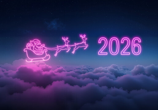 Neon Santa and "2026" in Starry Sky – Futuristic Holiday Spirit and New Year Magic

