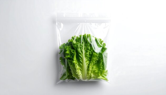 A fresh, vibrant green lettuce head is sealed inside a clear, plastic zip-top bag, set against a stark white backdrop