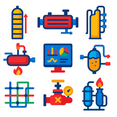 Refinery Process Icons. Flat vector icons of refinery processes: distillation column, heat exchanger, catalytic cracker, control