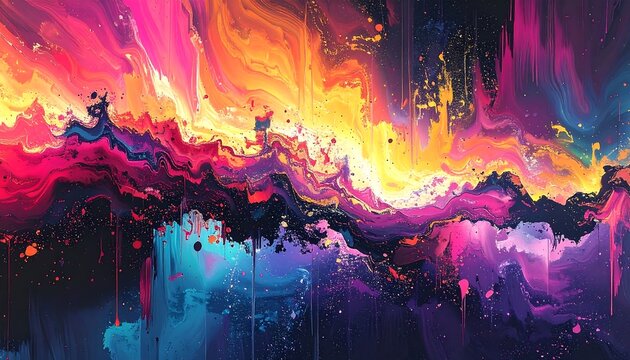 A vibrant abstract artwork showing fluid color gradients of red, pink, yellow, and blue, resembling a cosmic explosion
