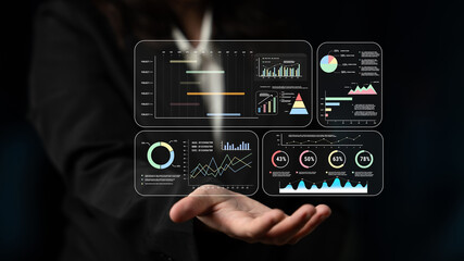 A project management dashboard with business performance analytics. A visualization of project timelines, KPIs, and company data for strategic review. Motif