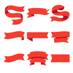 Creative Red Ribbon Icons. Flat vector icons of creative red banner ribbons: looped end ribbon, stylized burst ribbon, festive