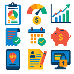 Modern Finance Icons. Flat vector icons of online banking and personal finance: personal budget planner, credit score chart,