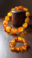 Amber necklace and bracelet on dark wood