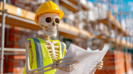 Skeleton in Yellow Safety Vest and Hard Hat Holding Blueprint on Construction Site with Scaffolding and Bricks