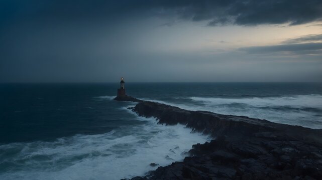 Faro solitario en un rompeolas durante tormenta en el oc&eacute;ano con cielo dram&aacute;tico al atardecer