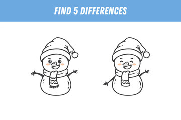 Find 5 differences between two pictures of cute snowman in scarf and hat. Cute snowman in doodle style. Activity page. Christmas game. Vector
