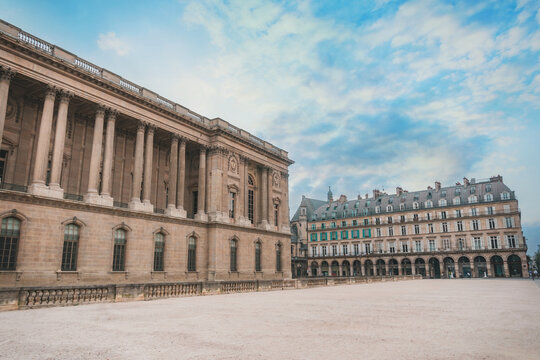 Paris, France, August 16, 2025. Louvre building on Rue de l'Amiral de Coligny, a horizontal view of French architecture.