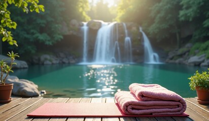 Yoga mat with a blanket on top on a wooden dock with a waterfall in the background