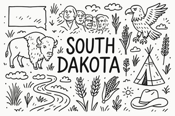 South dakota outline icon set. state symbols, landmarks, nature, and culture illustrations.