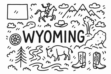 Wyoming silhouette icon set. western culture, cowboy elements in silhouette style