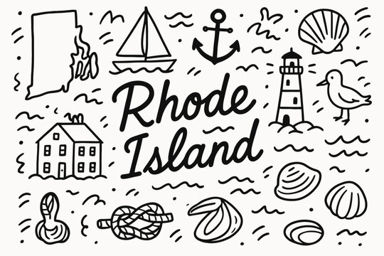 Nautical, rhode island line icon set. marine, coastal, lighthouse, anchor outline icons.