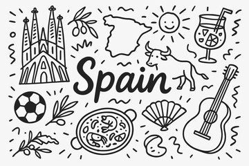 Obraz premium Spain travel outline icon set. cultural landmarks and traditions in line art