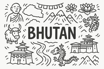 Bhutan culture outline icon set. traditional, nature, spiritual symbols collection