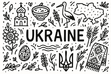 Ukraine icon set. cultural symbols outline collection featuring traditional motifs