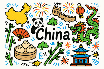 Obraz premium China cultural flat icon set. traditional elements and landmarks, colorful flat designs