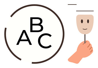 Letters A, B, C inside part of a circular shape and a hand holding a simple smiling face mask. Ideal for concepts thumbs up communication, identity, education, creativity, expression
