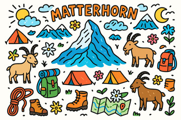 Naklejka premium Outdoor adventure doodle icon set. camping, hiking essentials in a fun, flat style.