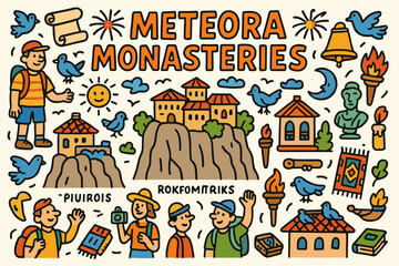Fototapeta premium Meteora monasteries flat icon set. ancient landmarks, greece travel icons collection.