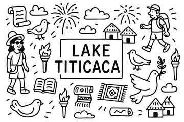 Obraz premium Travel and hiking line icon set. lake titicaca, outdoor adventure icons collection.