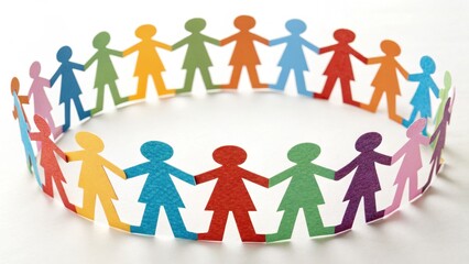 Colorful paper cutout figures holding hands in a community chain