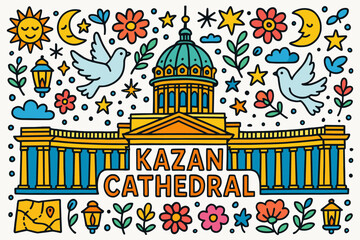 Architecture line icon set: kazan cathedral and decorative elements collection