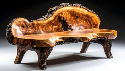 Intricate wood bench, natural forms