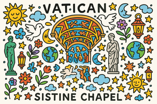 Vatican icon set. sistine chapel, religious icons flat collection