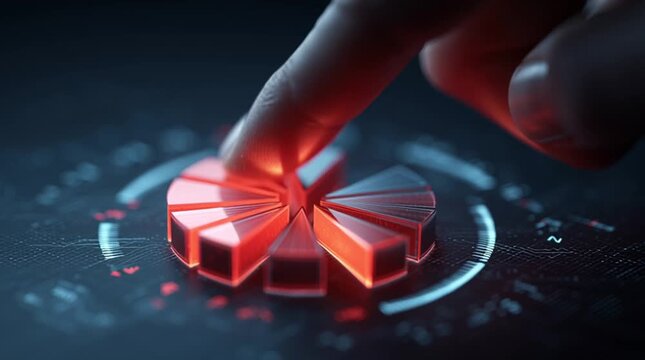 3D holographic pie chart floating in a dark digital space, with glowing segments representing market share. A person&rsquo;s finger approaches one segment, causing it to illuminate and highlight interactive