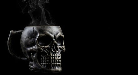 Gothic Skull Mug with Rising Smoke on Black Background